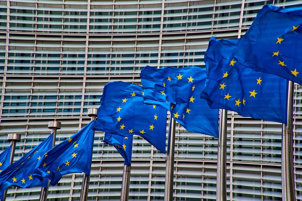 A close up picture showing flags in front of the European parliament building in Brussels.